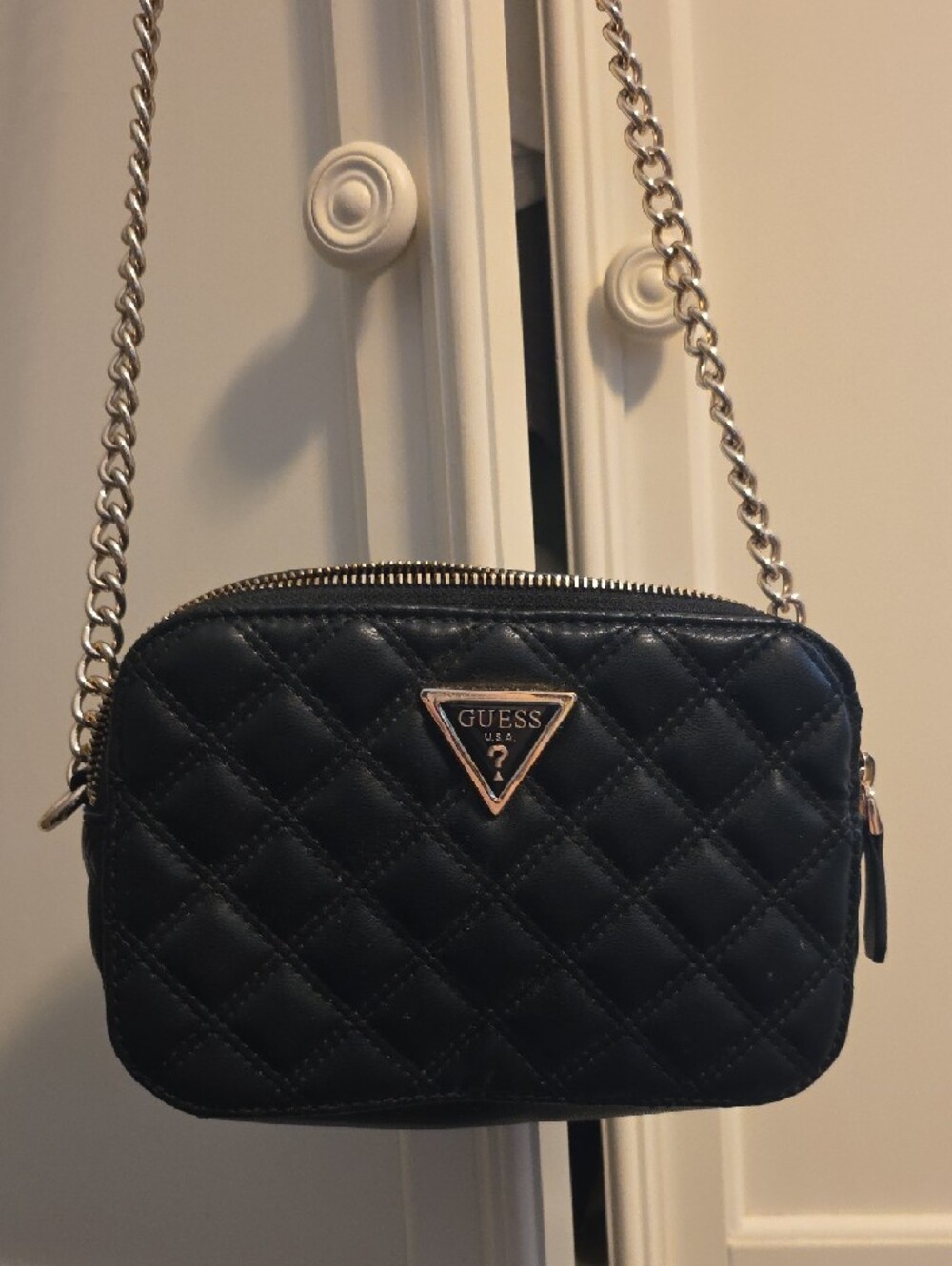 Guess Black Quilted Crossbody with Gold Chain Strap